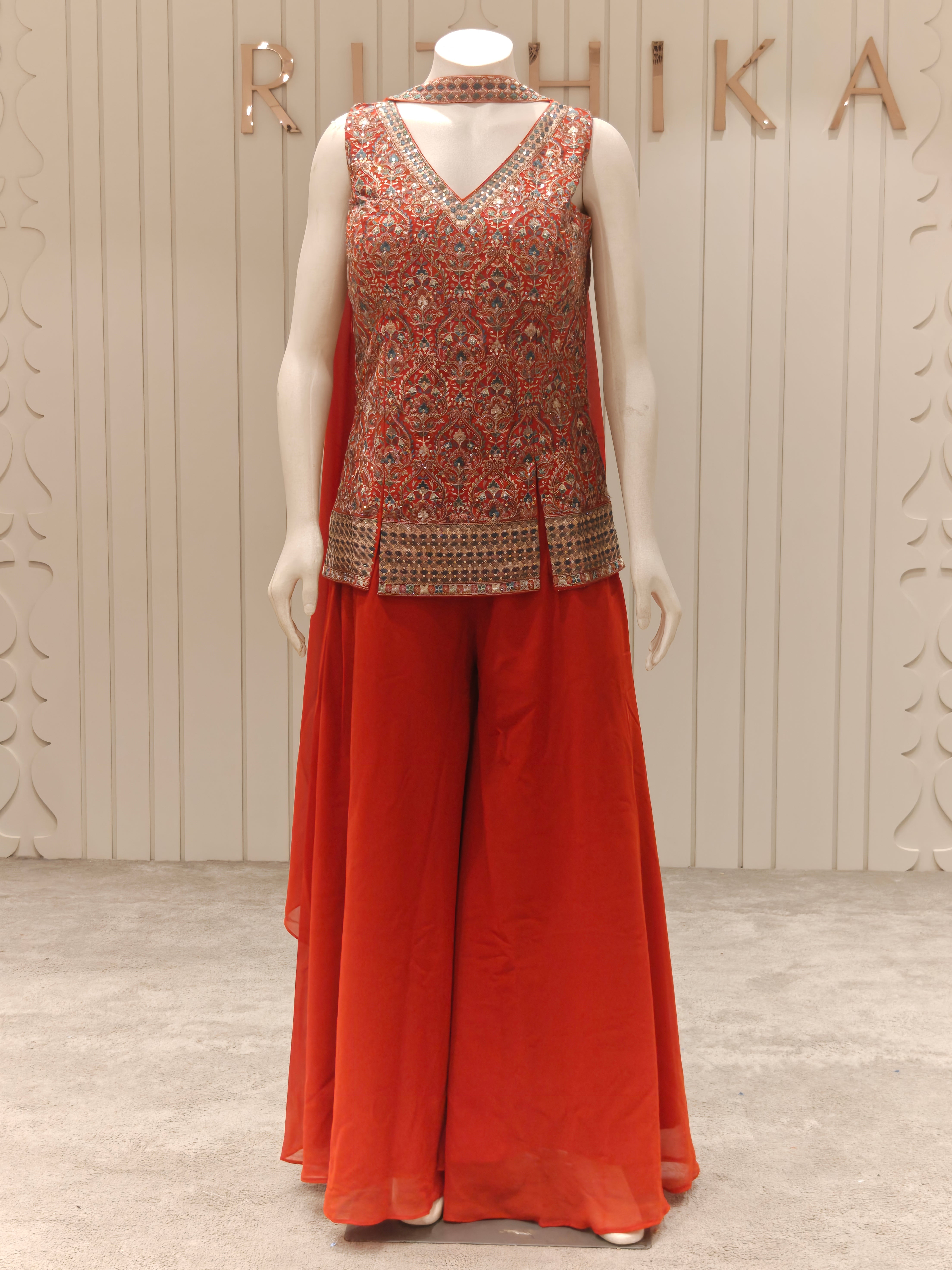 Georgette Embroidered Short Kurta Sharara Set with Dupatta – Vermilion Red